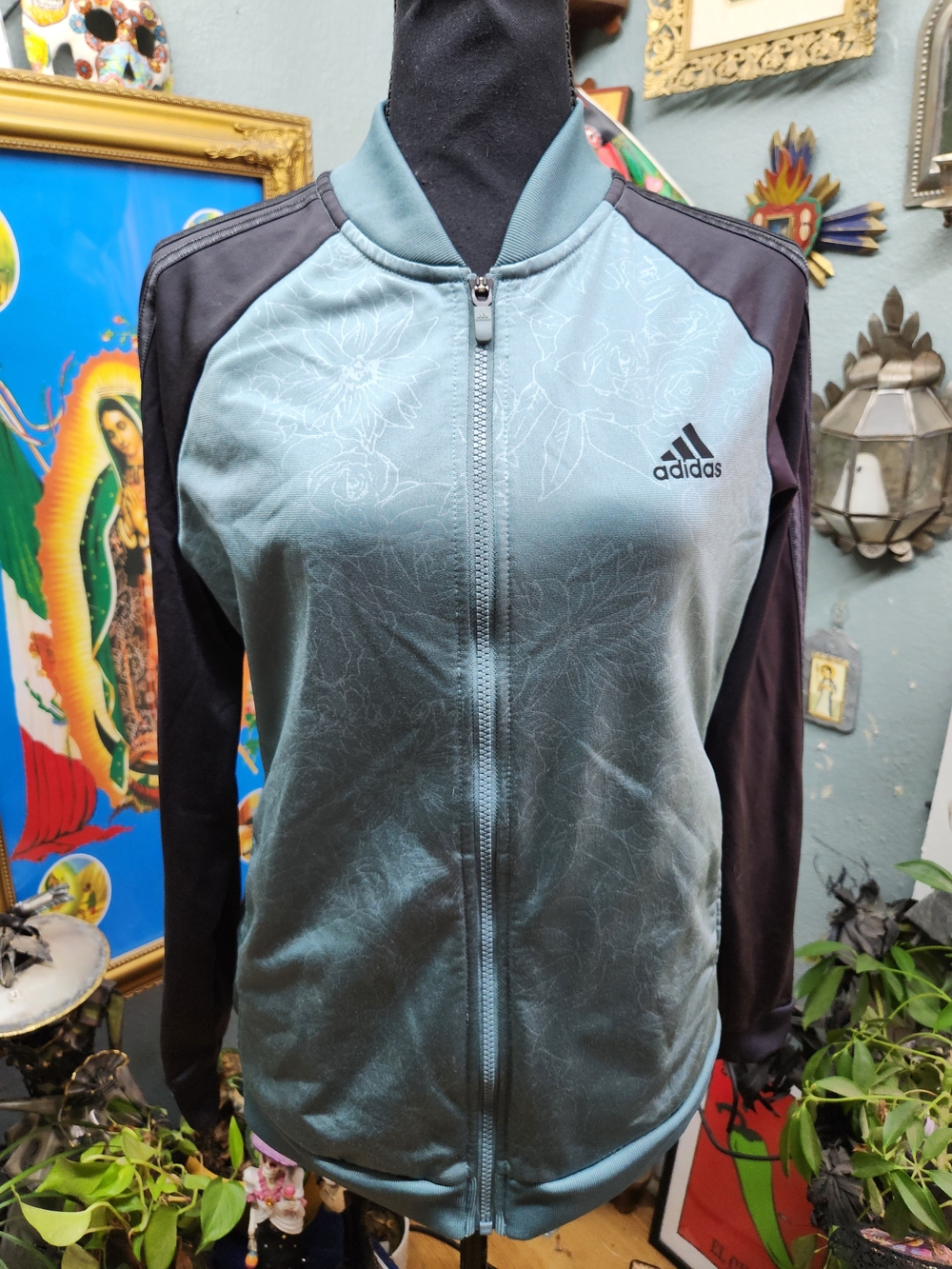 adidas Teal and Black Floral-Print Bomber Jacket